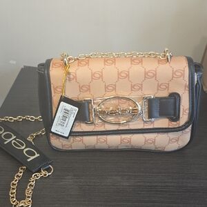 bebe Elaina Monogram Shoulder Bag Almond Black Gold Chain Strap NWT $89 Retail